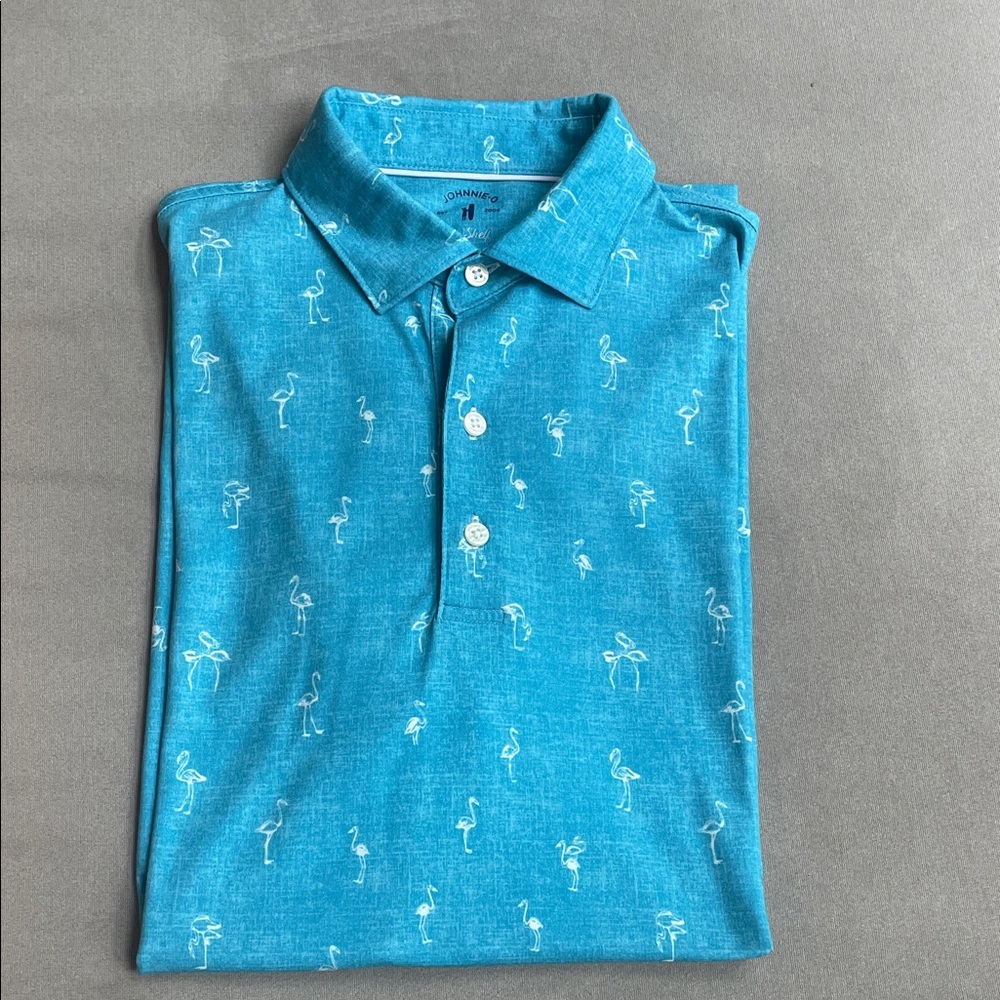 johnnie-O Blue Polo Shirt with white flamingos New, never worn but without tags